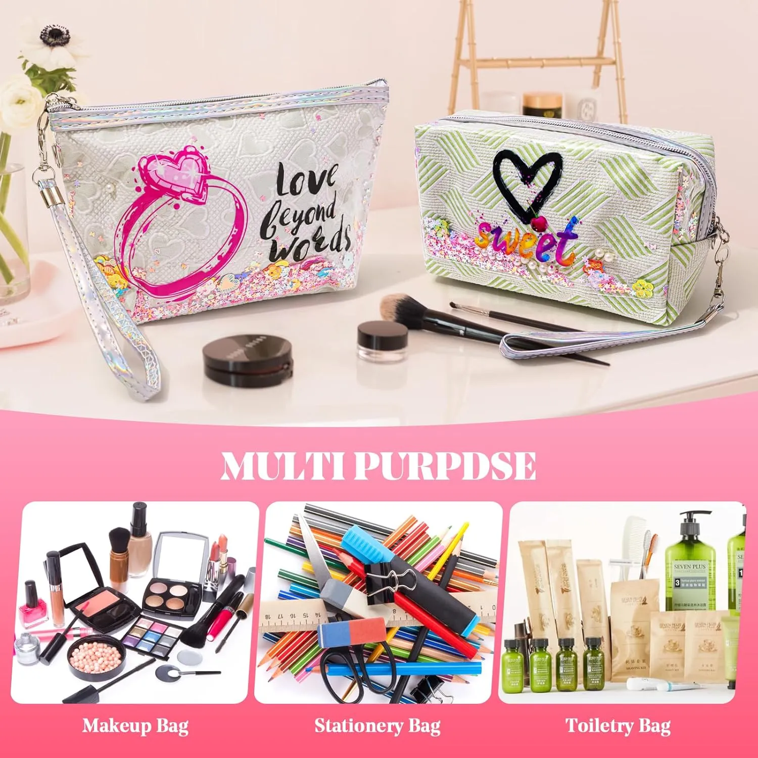 Travel Makeup Bag,Portable Cosmetic Bag, Large Capacity Travel Cosmetic Case Organizer, For Women Toiletry Bag With Zipper And Handle AB3 2 PACK