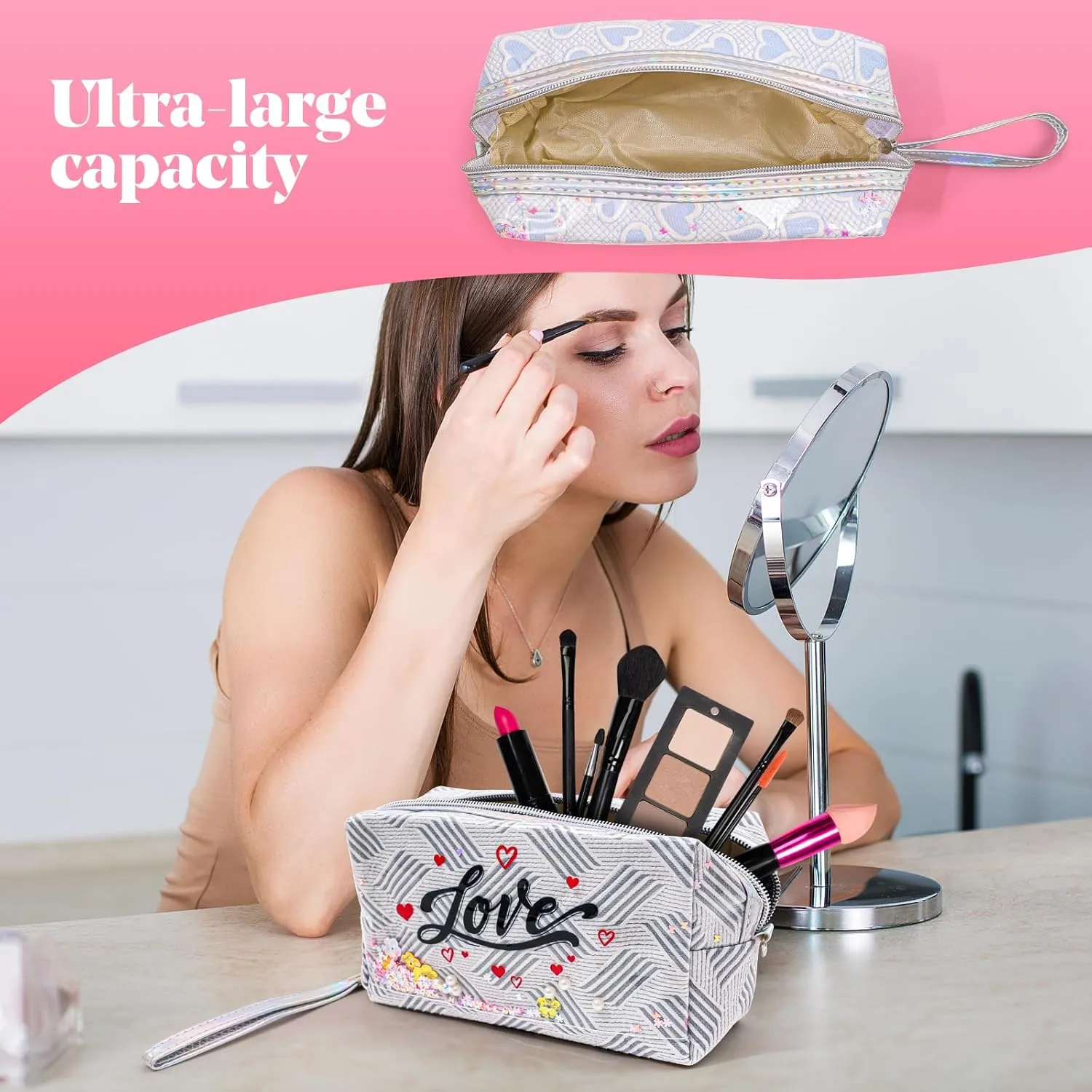 Travel Makeup Bag,Portable Cosmetic Bag, Large Capacity Travel Cosmetic Case Organizer, For Women Toiletry Bag With Zipper And Handle AB3 2 PACK