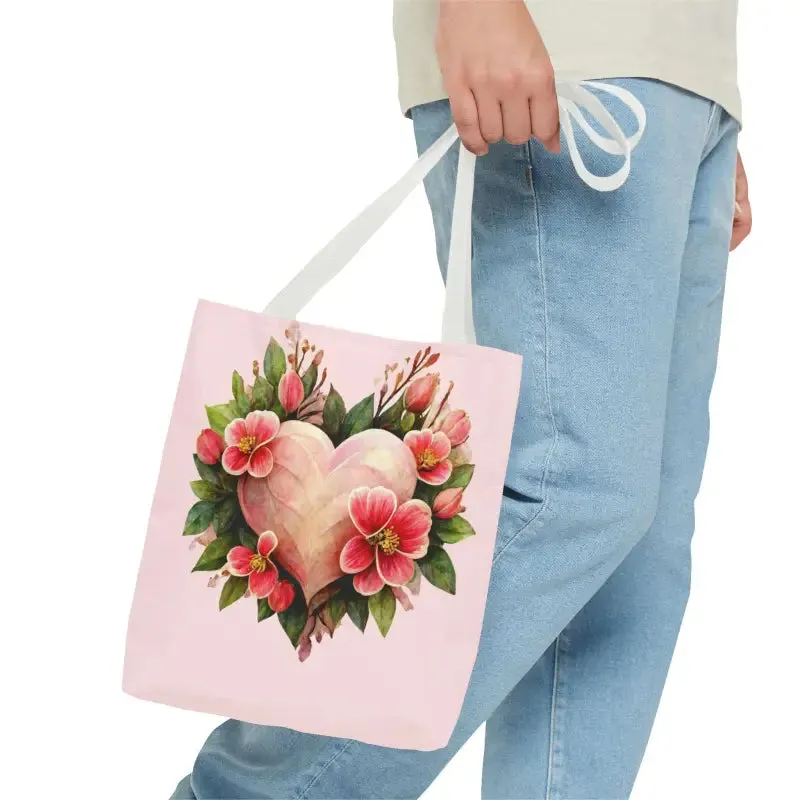Trendy Polyester Tote Bag with Pink Heart with Flowers