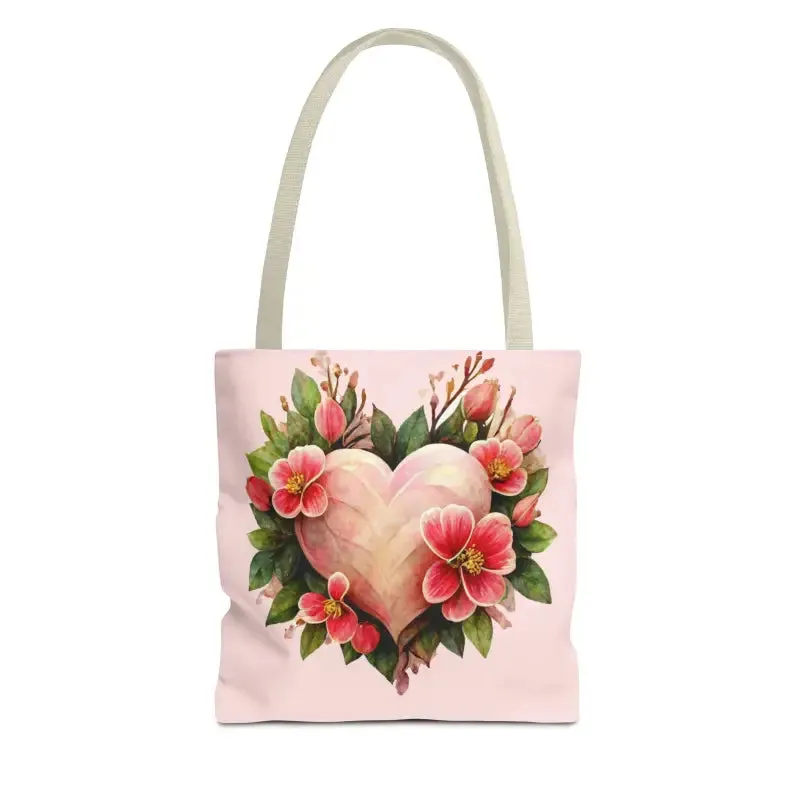 Trendy Polyester Tote Bag with Pink Heart with Flowers