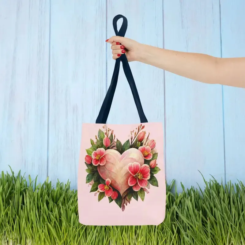 Trendy Polyester Tote Bag with Pink Heart with Flowers