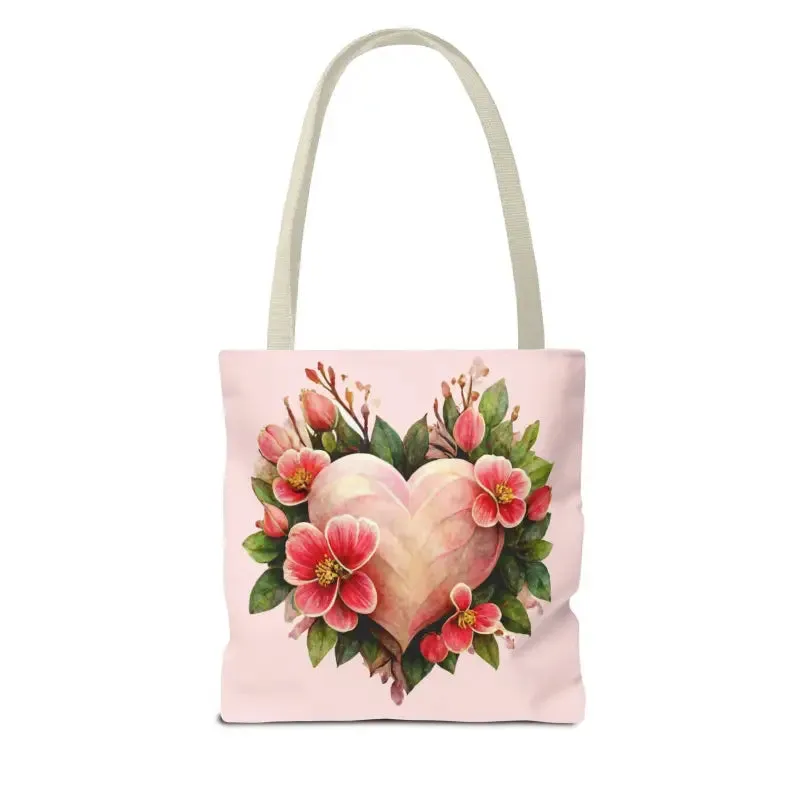 Trendy Polyester Tote Bag with Pink Heart with Flowers