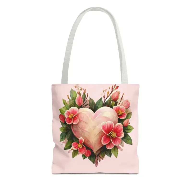 Trendy Polyester Tote Bag with Pink Heart with Flowers