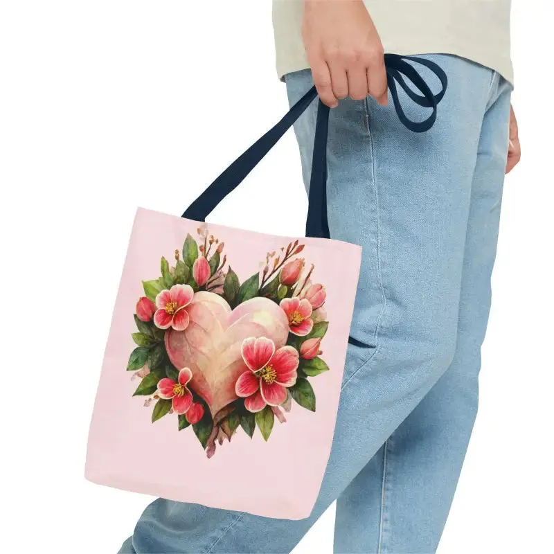 Trendy Polyester Tote Bag with Pink Heart with Flowers