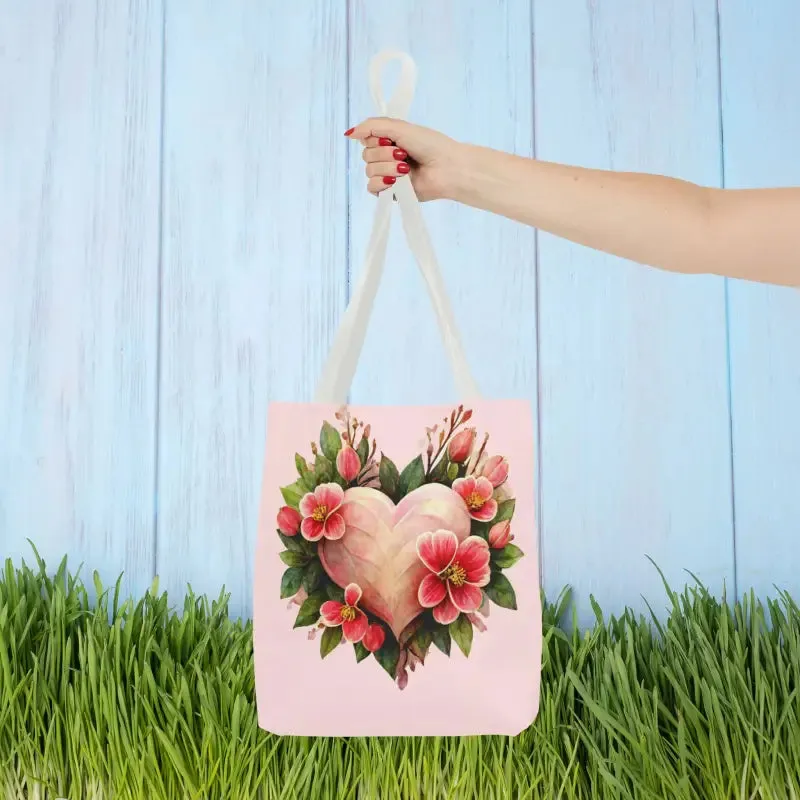 Trendy Polyester Tote Bag with Pink Heart with Flowers