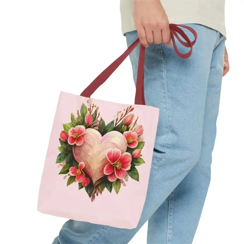 Trendy Polyester Tote Bag with Pink Heart with Flowers