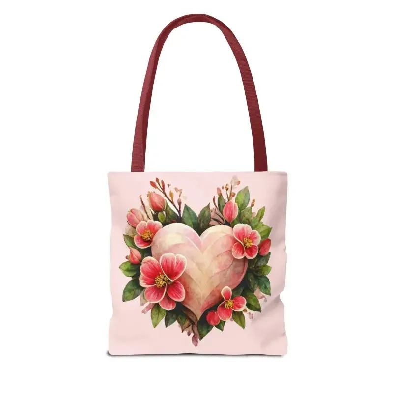 Trendy Polyester Tote Bag with Pink Heart with Flowers