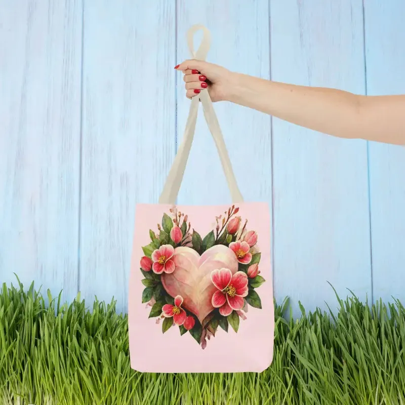 Trendy Polyester Tote Bag with Pink Heart with Flowers