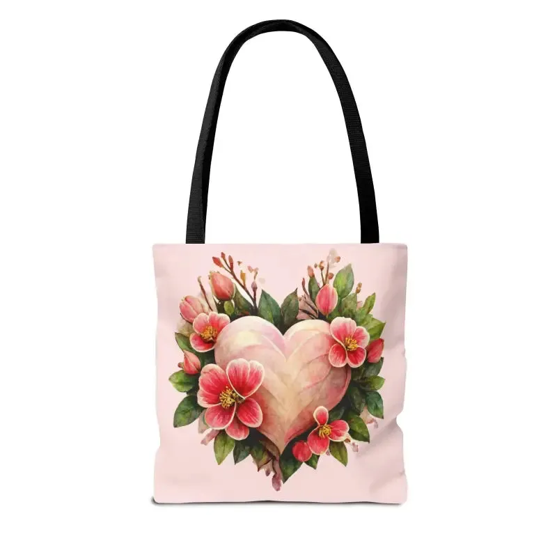 Trendy Polyester Tote Bag with Pink Heart with Flowers