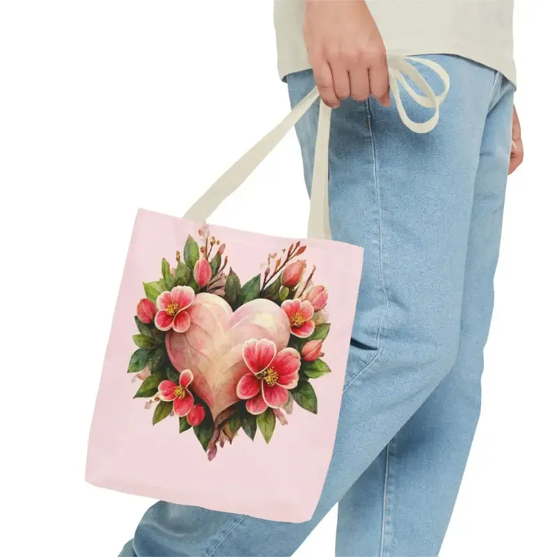 Trendy Polyester Tote Bag with Pink Heart with Flowers