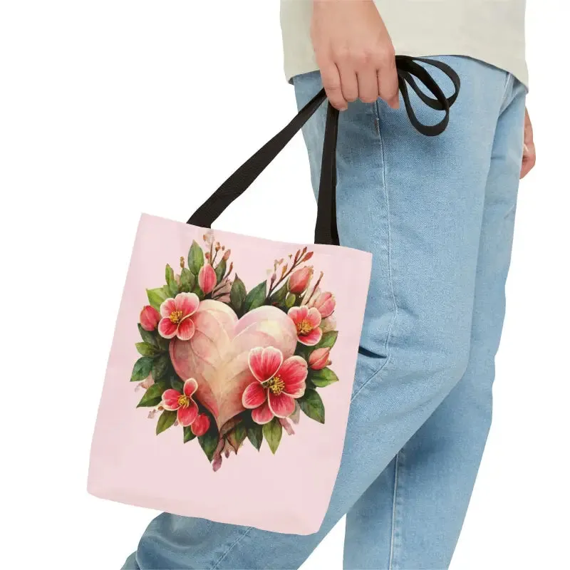 Trendy Polyester Tote Bag with Pink Heart with Flowers