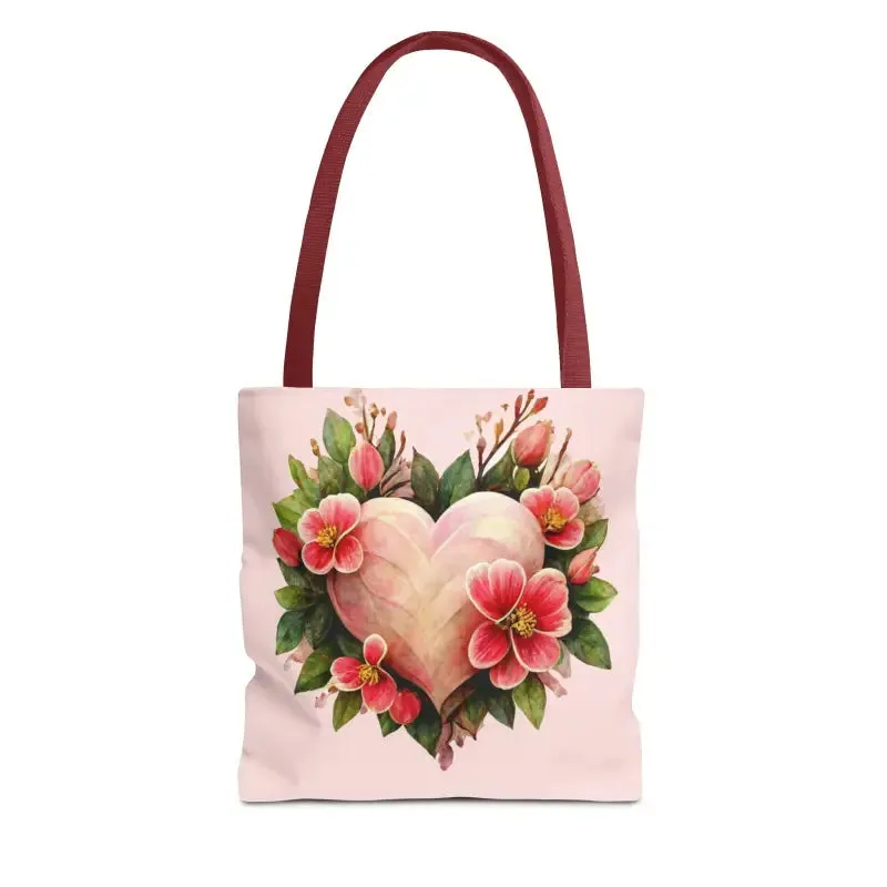 Trendy Polyester Tote Bag with Pink Heart with Flowers