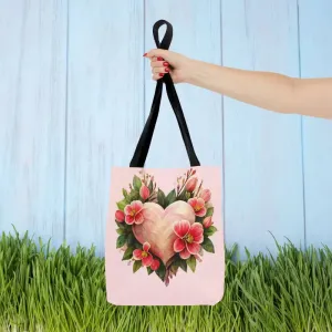 Trendy Polyester Tote Bag with Pink Heart with Flowers