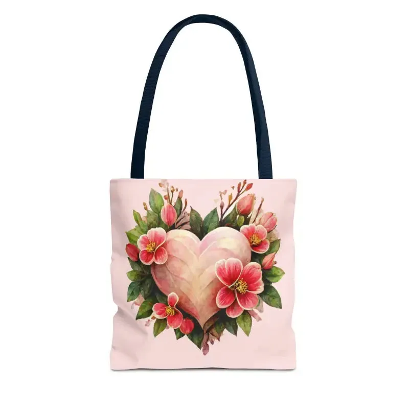 Trendy Polyester Tote Bag with Pink Heart with Flowers