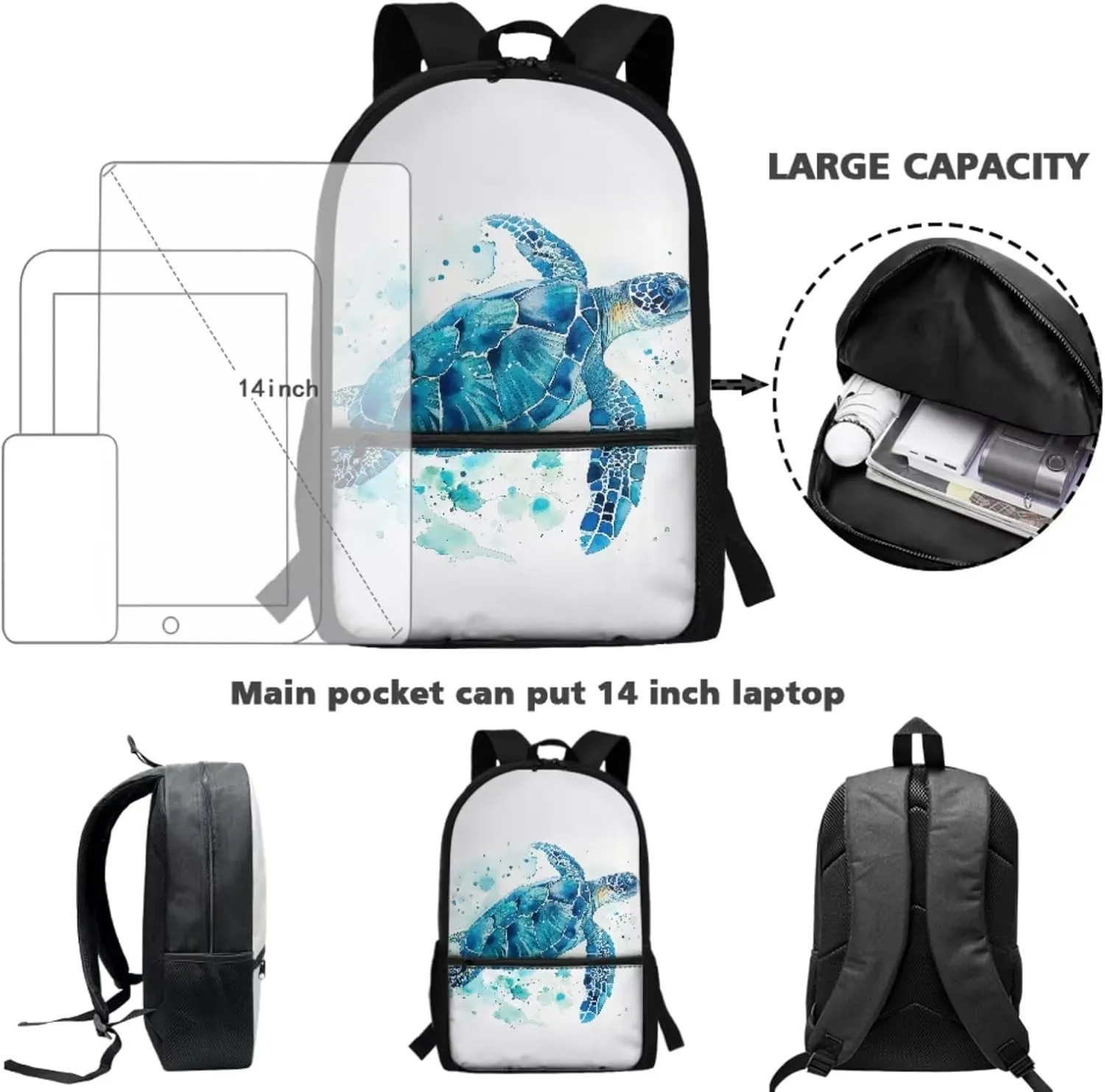 Turtle Middle School Backpack for Boys with Lunch Box Pencil Case 10-12 Kids Large School Bag Students Hiking Camping Bookbags Traveling Duffel Bag Laptop Backpacks