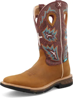 Twisted X Men's 12" Western Work Boot, Square Toe with CellStretch, Tan & Burgundy, 10 D