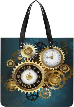 Two Steampunk Clocks with Gears Tote Bags PU Leather Shoulder Bag Purses Work Tote Handbags for Women Men