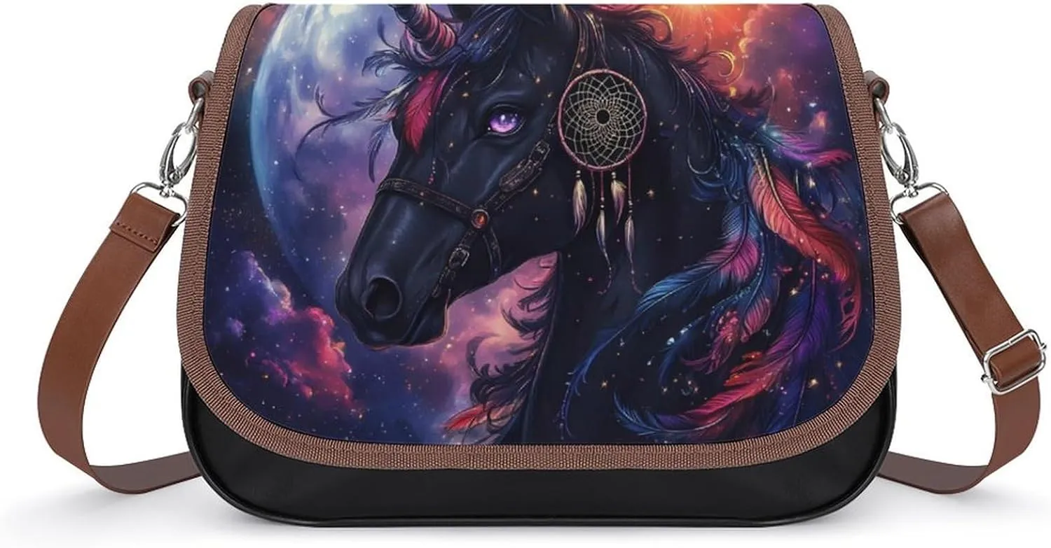 Un-icorn Black Horse Fantasy Crossbody Bags for Women Leather Tote Bag Handbag Purse for Work Travel