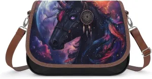 Un-icorn Black Horse Fantasy Crossbody Bags for Women Leather Tote Bag Handbag Purse for Work Travel