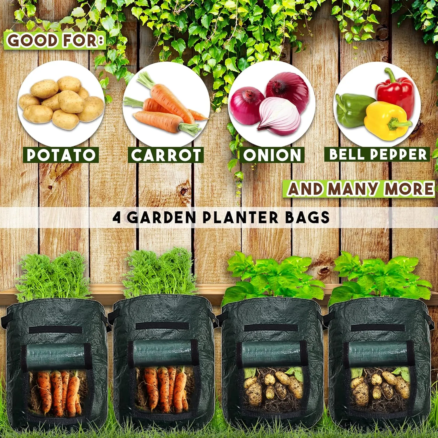 Upstreet Garden Grow Bags – 4 Pack - Carrot, Tomato, Onion, Potato Planting Bags with Flap, Eco-Friendly, Heavy Duty Fabric Planting Pots