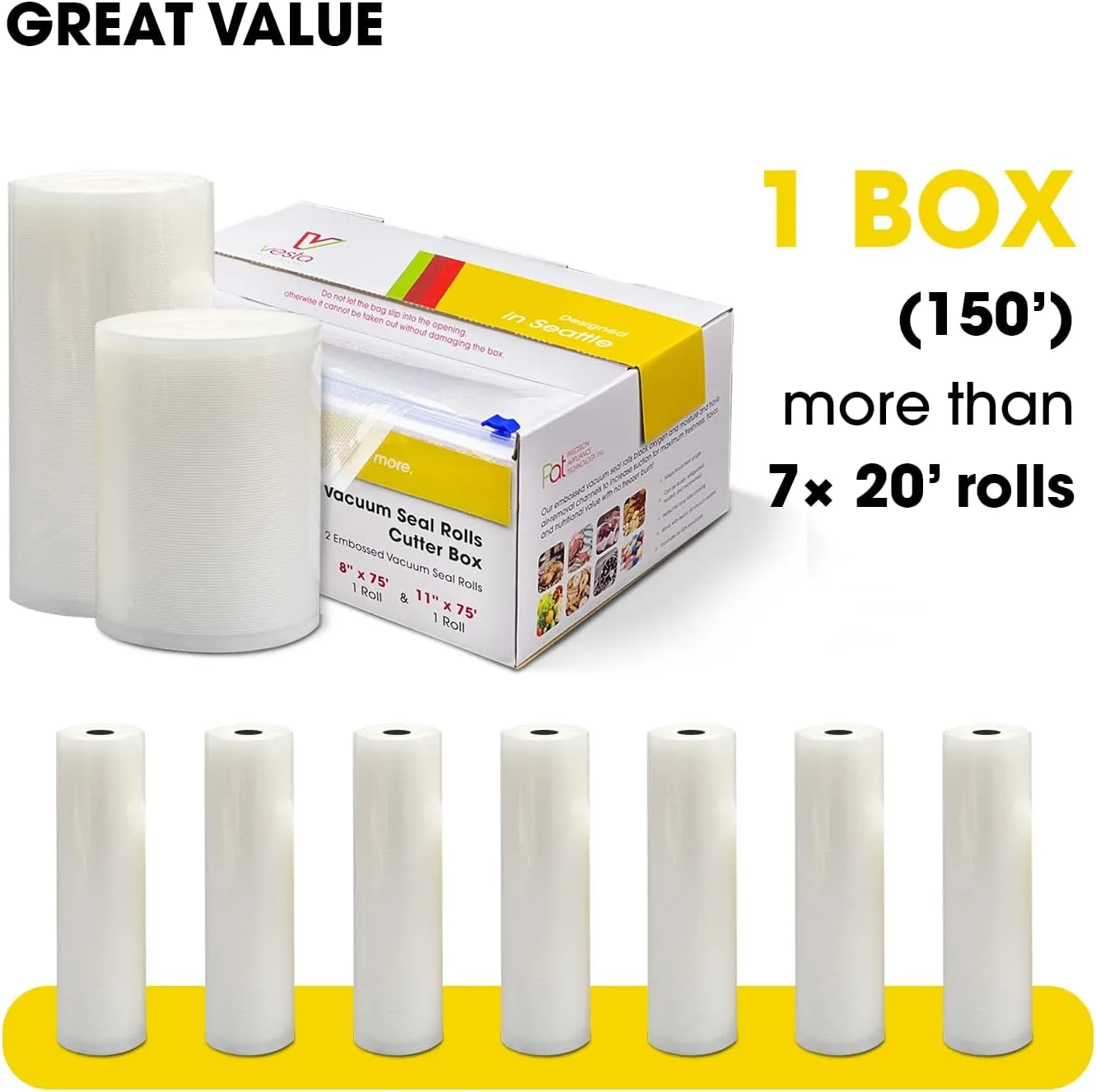Vacuum Sealer Roll (8” x 75’ and 11” x 75’) Keeper with Cutter - Premium Seal Bags for Food Saver, Ideal for Meal Prep, Sous Vide, and Storage, Vesta Precision