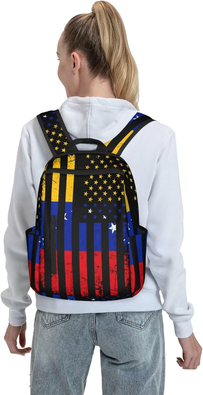 Venezuela American Flag Venezuelan Roots Casual Laptop Backpack Travel Rucksack Sports Daypack Adjustable Strap Bags with Multi-Pockets for Working Running Camping