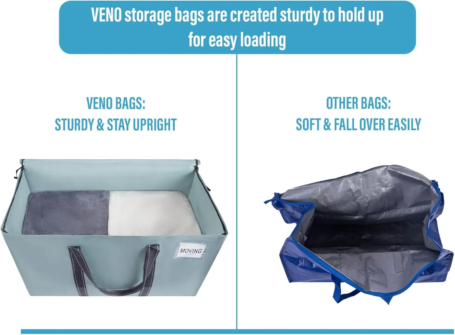 VENO 8 Pack Moving Bags, Heavy Duty, Moving Boxes Alternative, Packing Storage Supplies for Dorm Room Essentials with Zipper for Clothes, Extra Large Totes for Packaging (Light Blue Matte, 8 Pack)