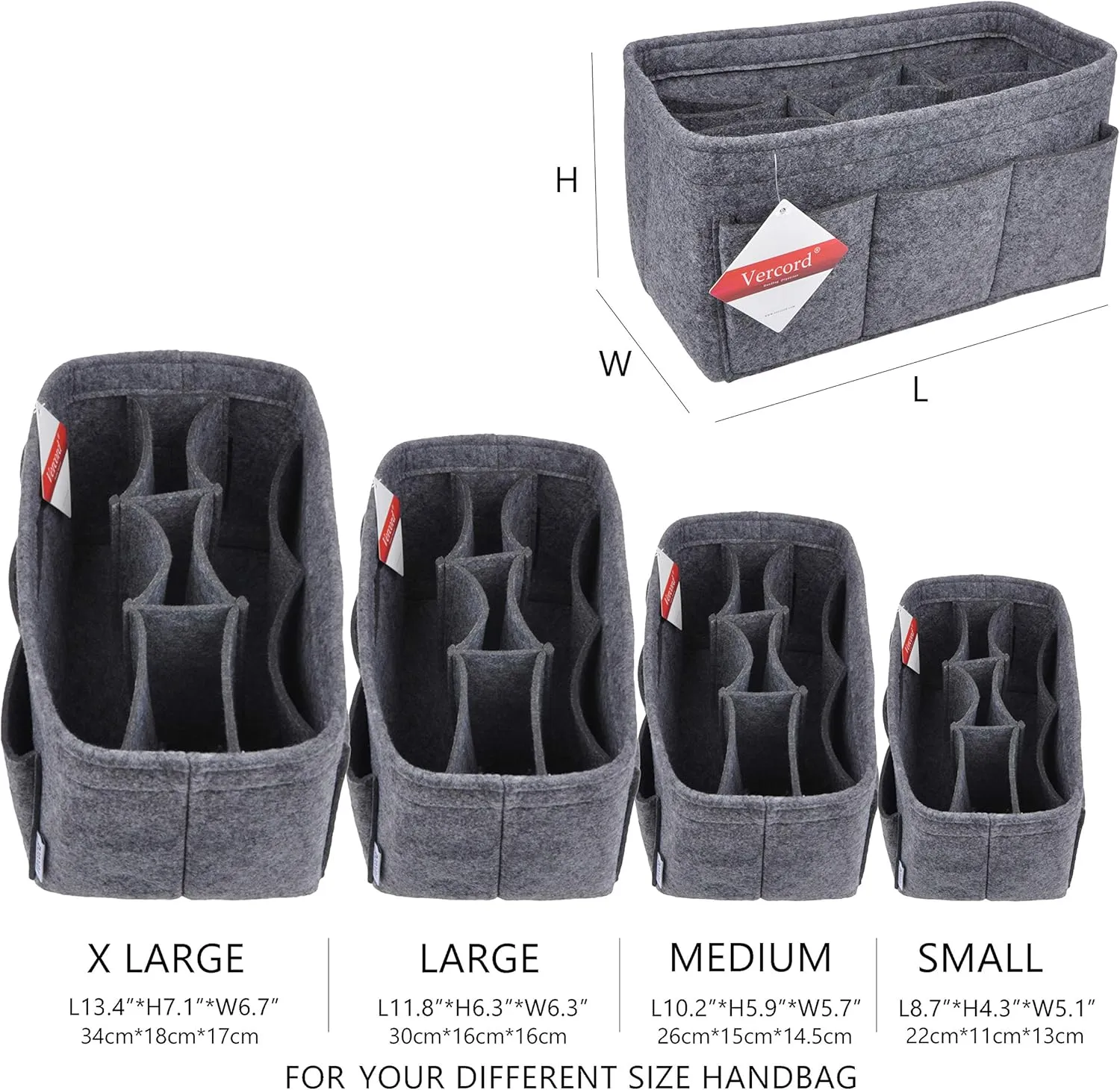Vercord Felt Purse Organizer Handbag Insert Liner Shaper Bag in Bags for Speedy Neverfull Tote Grey Large
