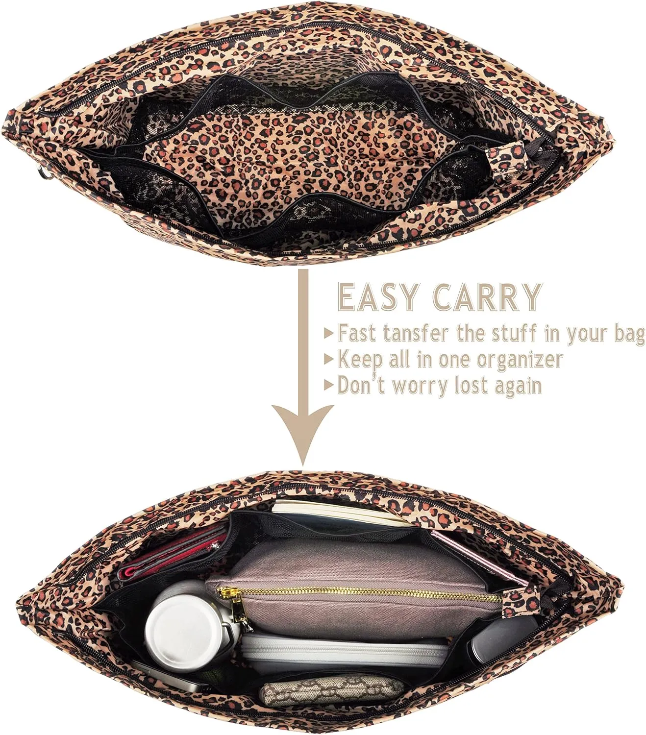 Vercord Handbag Purse Bag Insert Organizers Extra Thick Large Travel Handbag Organizer Leopard