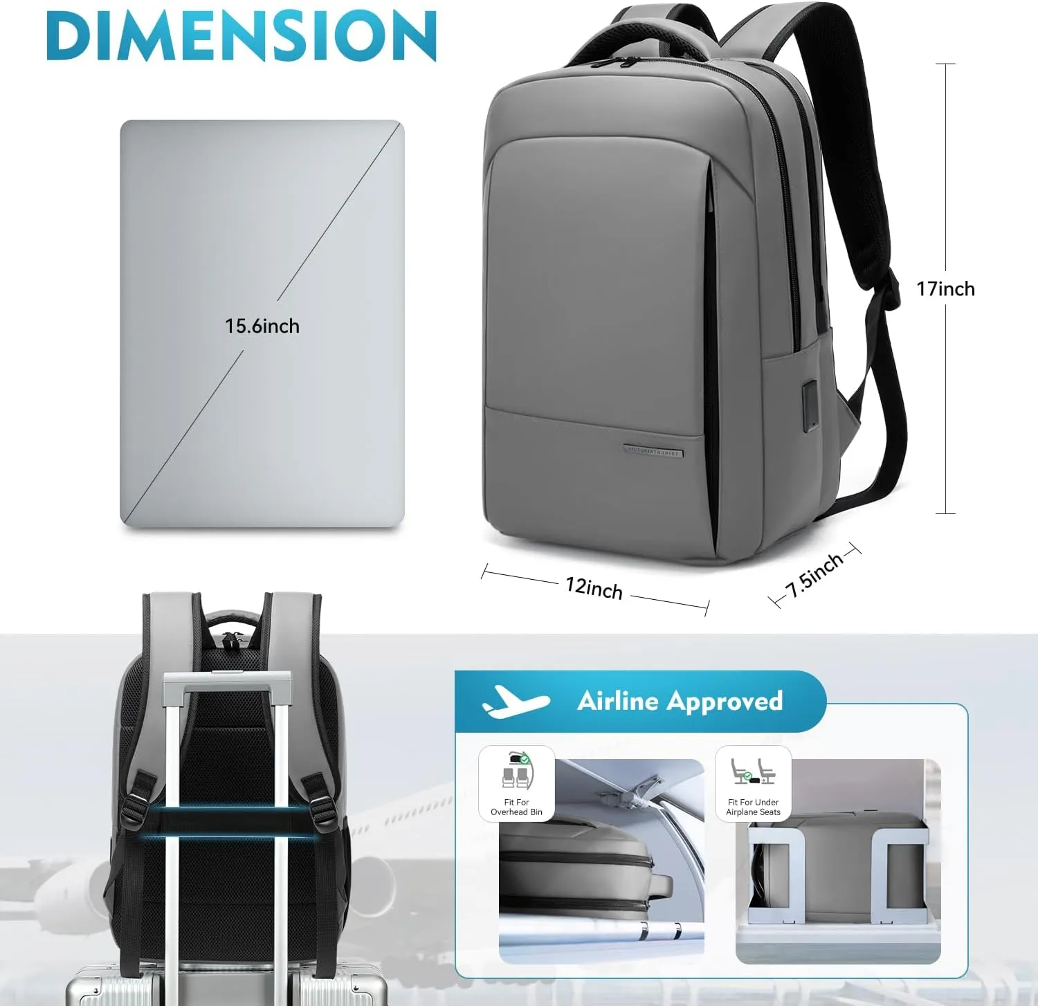 Victoriatourist Anti Theft Travel Laptop Backpack Men Women, Business Work Laptop Backpacks with Zipper Automatic Locking, Water Resistant Backpack Computer Bag Fits 15.6 Inch Notebook (Light Grey)