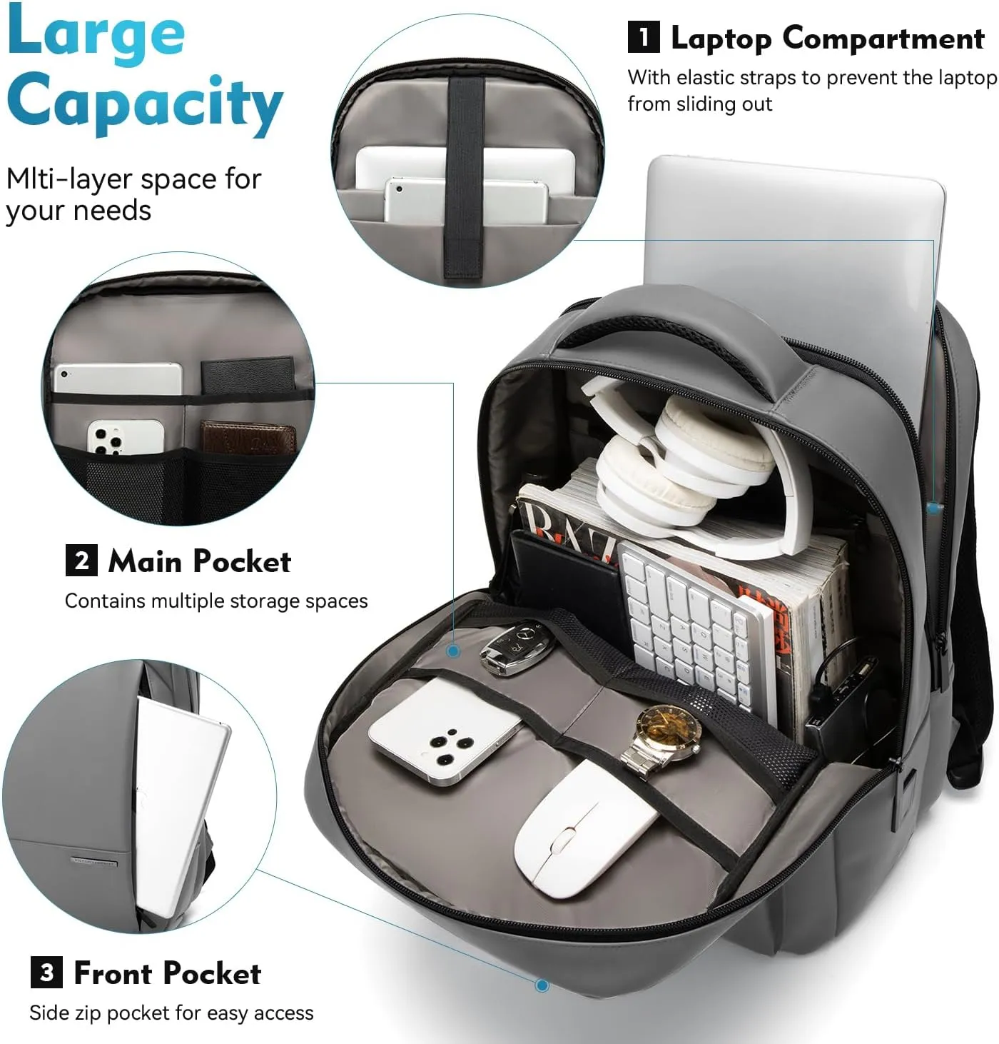 Victoriatourist Anti Theft Travel Laptop Backpack Men Women, Business Work Laptop Backpacks with Zipper Automatic Locking, Water Resistant Backpack Computer Bag Fits 15.6 Inch Notebook (Light Grey)