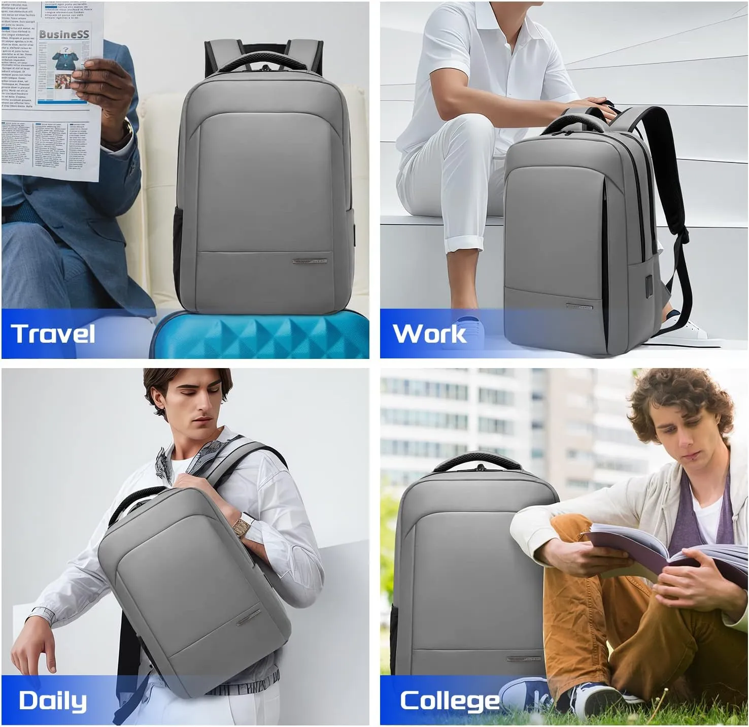 Victoriatourist Anti Theft Travel Laptop Backpack Men Women, Business Work Laptop Backpacks with Zipper Automatic Locking, Water Resistant Backpack Computer Bag Fits 15.6 Inch Notebook (Light Grey)
