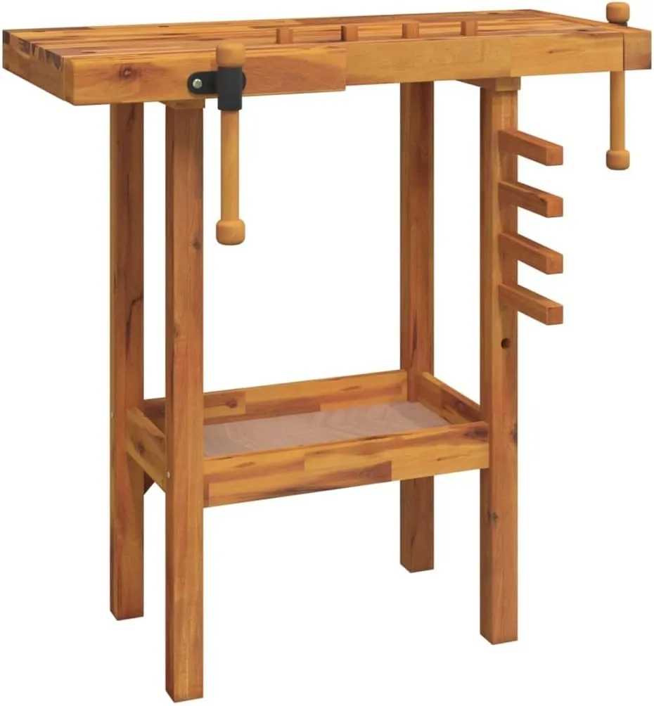 vidaXL Solid Wooden Workbench with Acacia Wood Top and Vices for Workshops, Garages, and Sheds – Large Space, High Strength