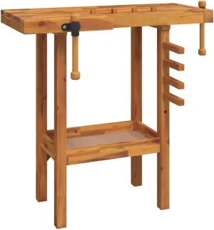 vidaXL Solid Wooden Workbench with Acacia Wood Top and Vices for Workshops, Garages, and Sheds – Large Space, High Strength