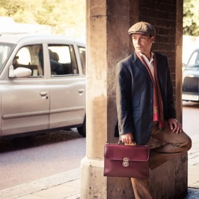 Vintage Leather Wall Street Briefcase, Silver Brass Lock - Burgundy