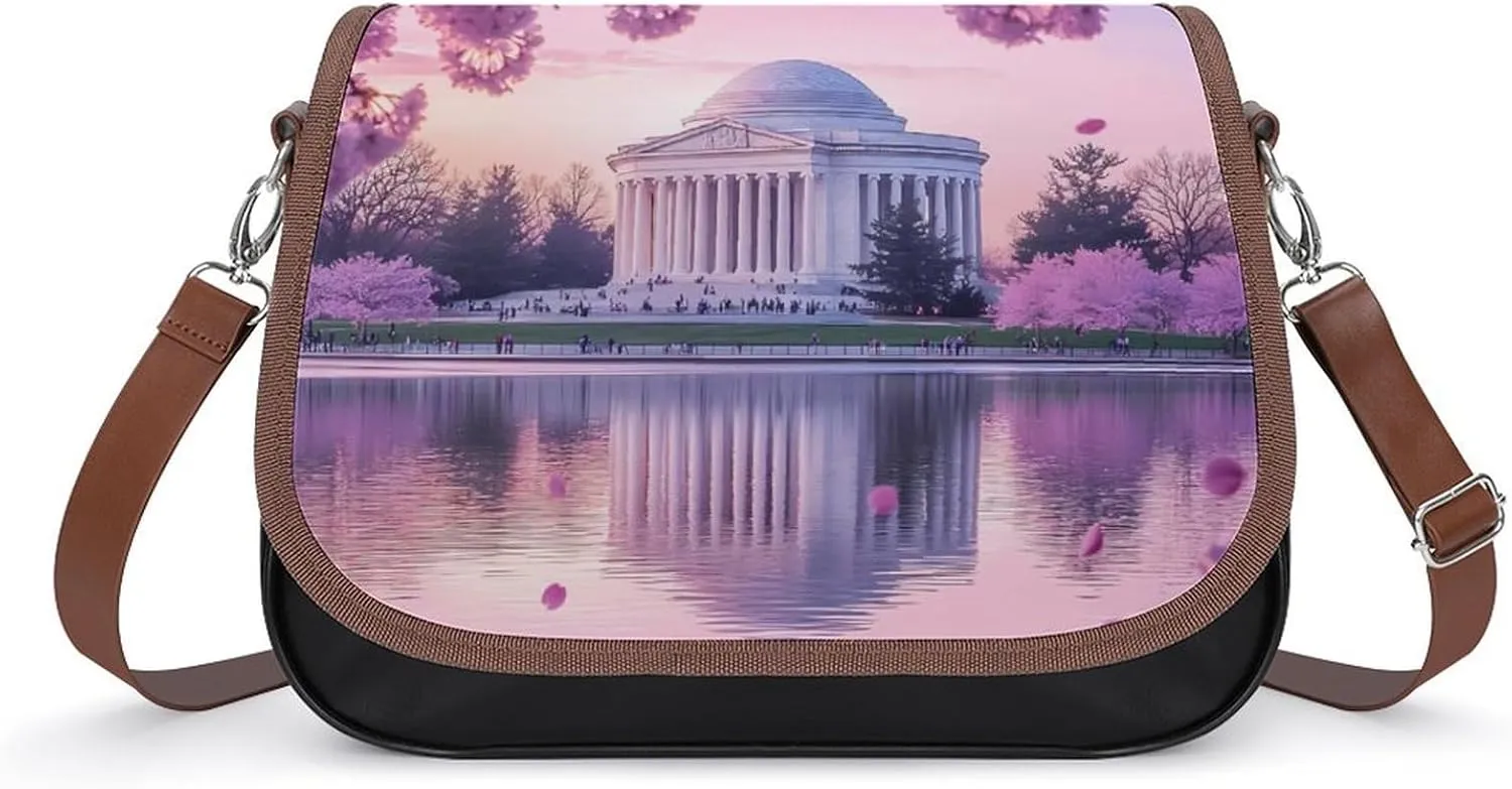 Washington Jefferson Memorial Cherry Flowers Crossbody Bags for Women Leather Tote Bag Handbag Purse for Work Travel