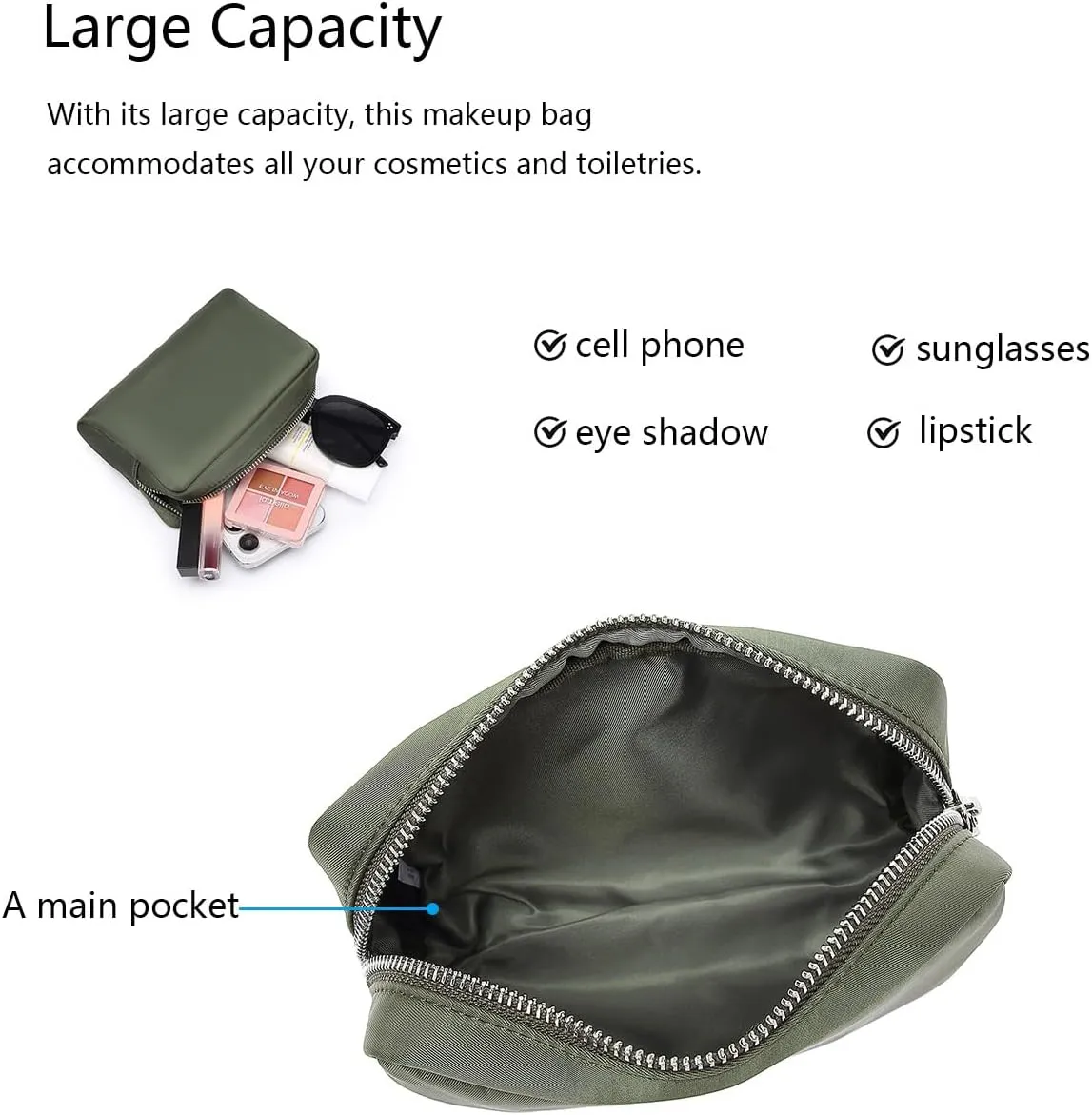 Waterproof Makeup Bag Large Capacity Women's Classic Black Wash Bag Adjustable Partition Wash Bag Brush and Cosmetic Carrying Bag… (Army Green)