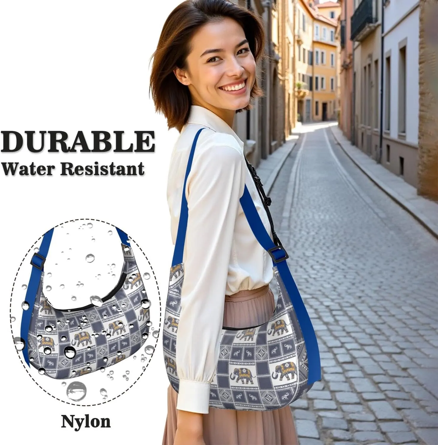 Waterproof Nylon Crescent Sling Crossbody Bag Casual Boho Elephant Shoulder Bag with Adjustable Strap for Work Travel