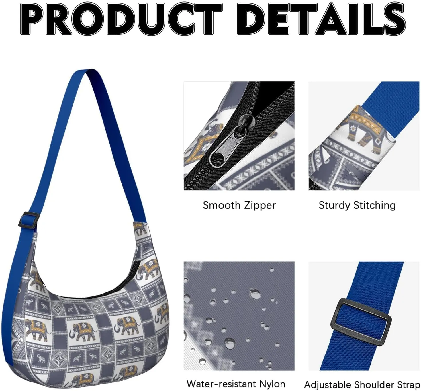 Waterproof Nylon Crescent Sling Crossbody Bag Casual Boho Elephant Shoulder Bag with Adjustable Strap for Work Travel