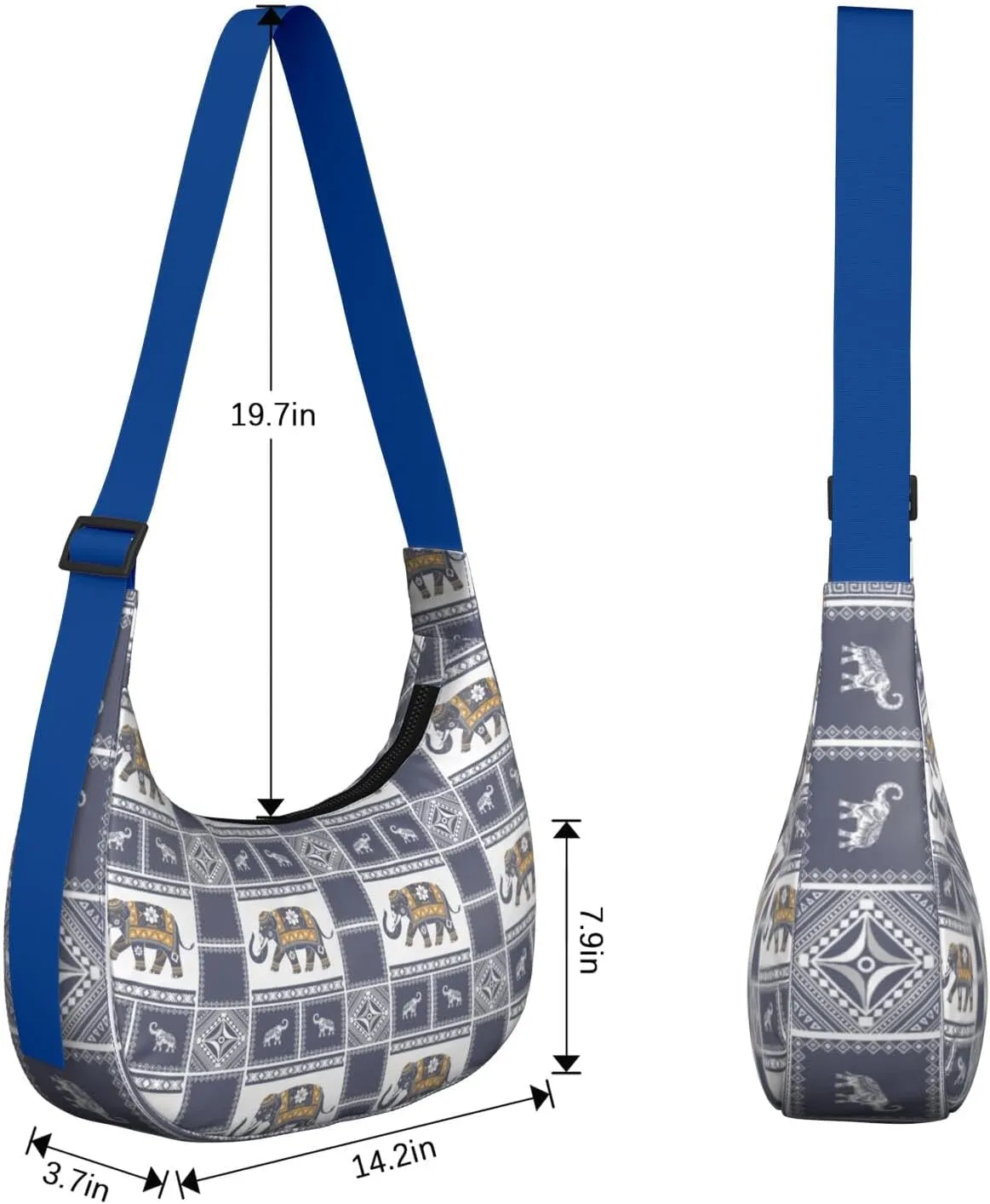 Waterproof Nylon Crescent Sling Crossbody Bag Casual Boho Elephant Shoulder Bag with Adjustable Strap for Work Travel