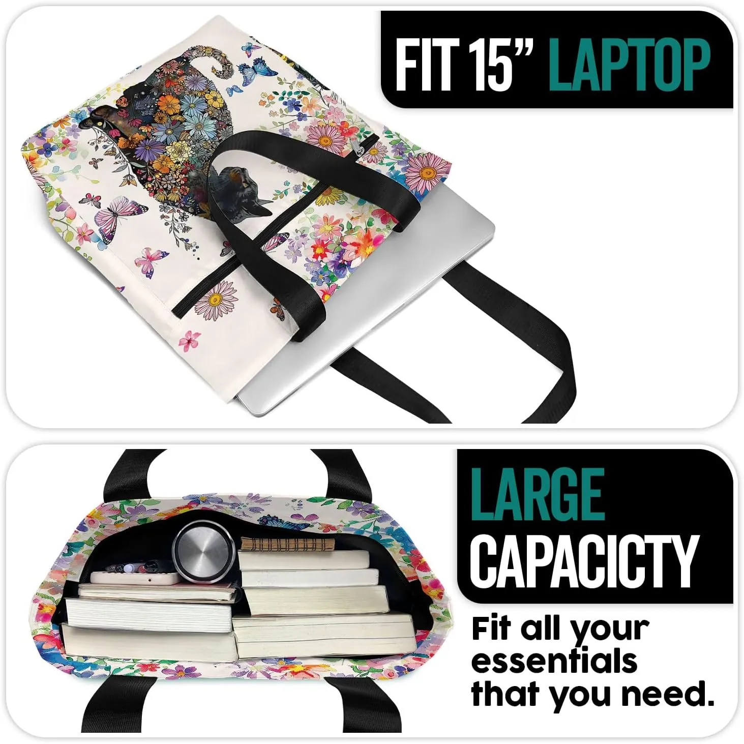Waterproof Tote Bag with Pockets and Zipper for Work. Shoulder Bag for Women. Gift for Cat Lover Cat Owner.