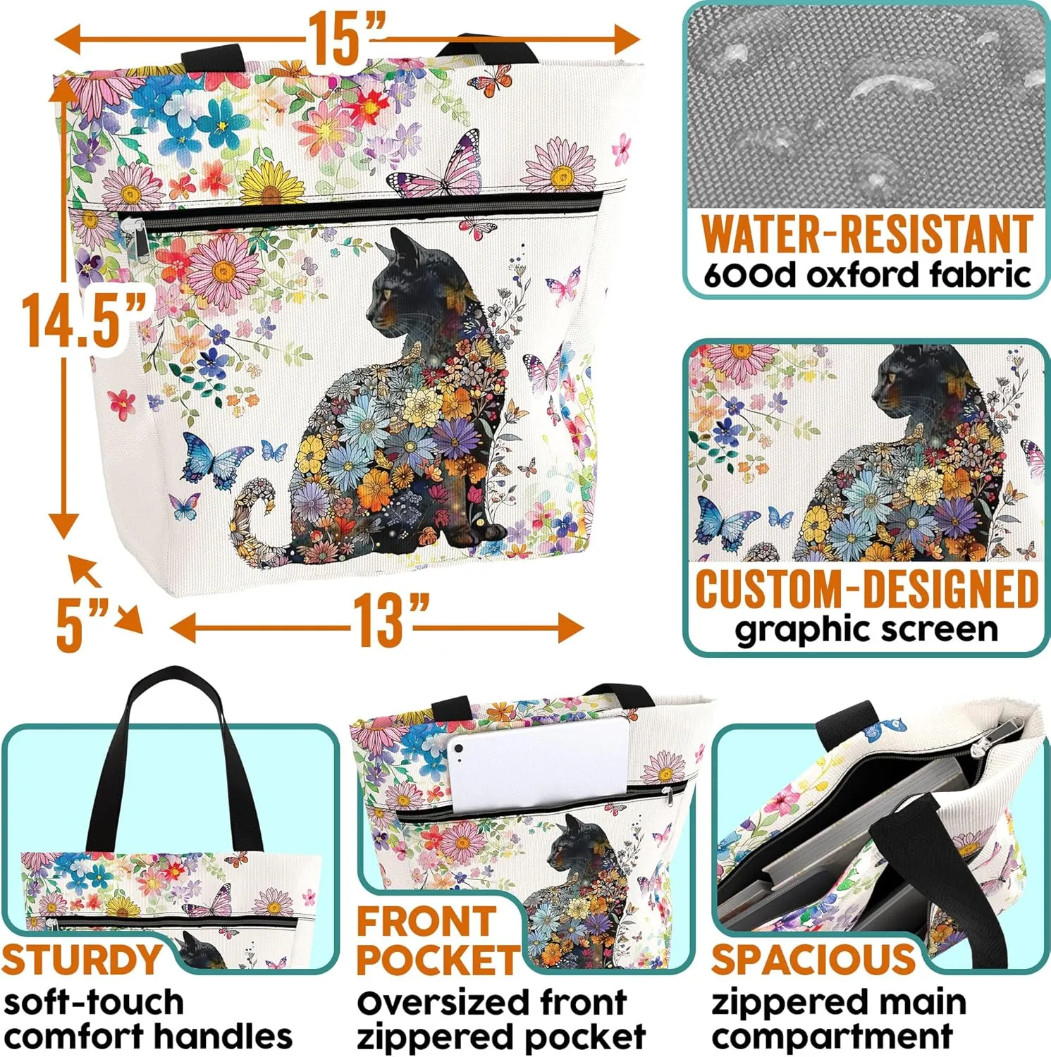 Waterproof Tote Bag with Pockets and Zipper for Work. Shoulder Bag for Women. Gift for Cat Lover Cat Owner.