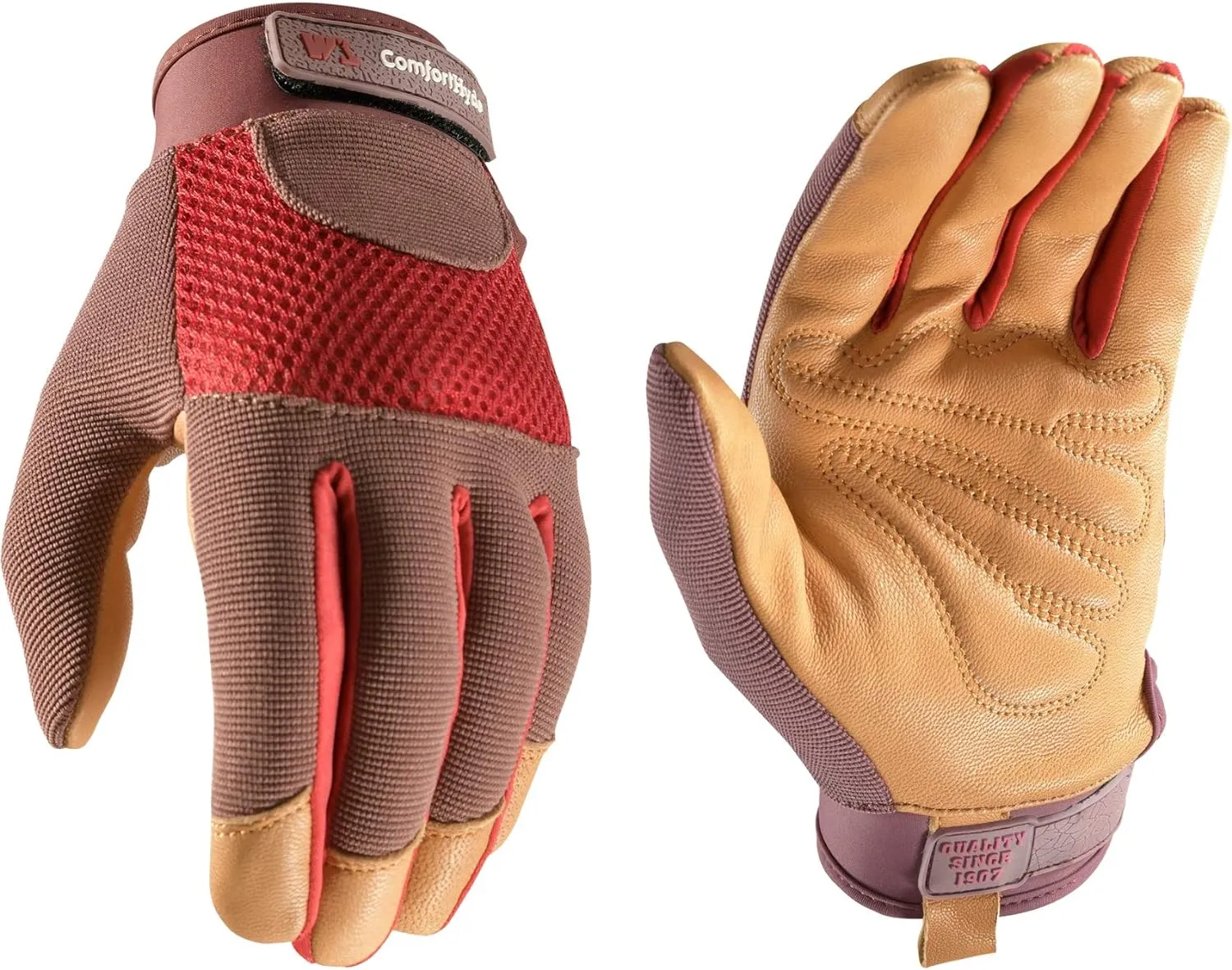 Wells Lamont Women's Breathable ComfortHyde Leather Hybrid Work Gardening Gloves, Large (7872L), Red