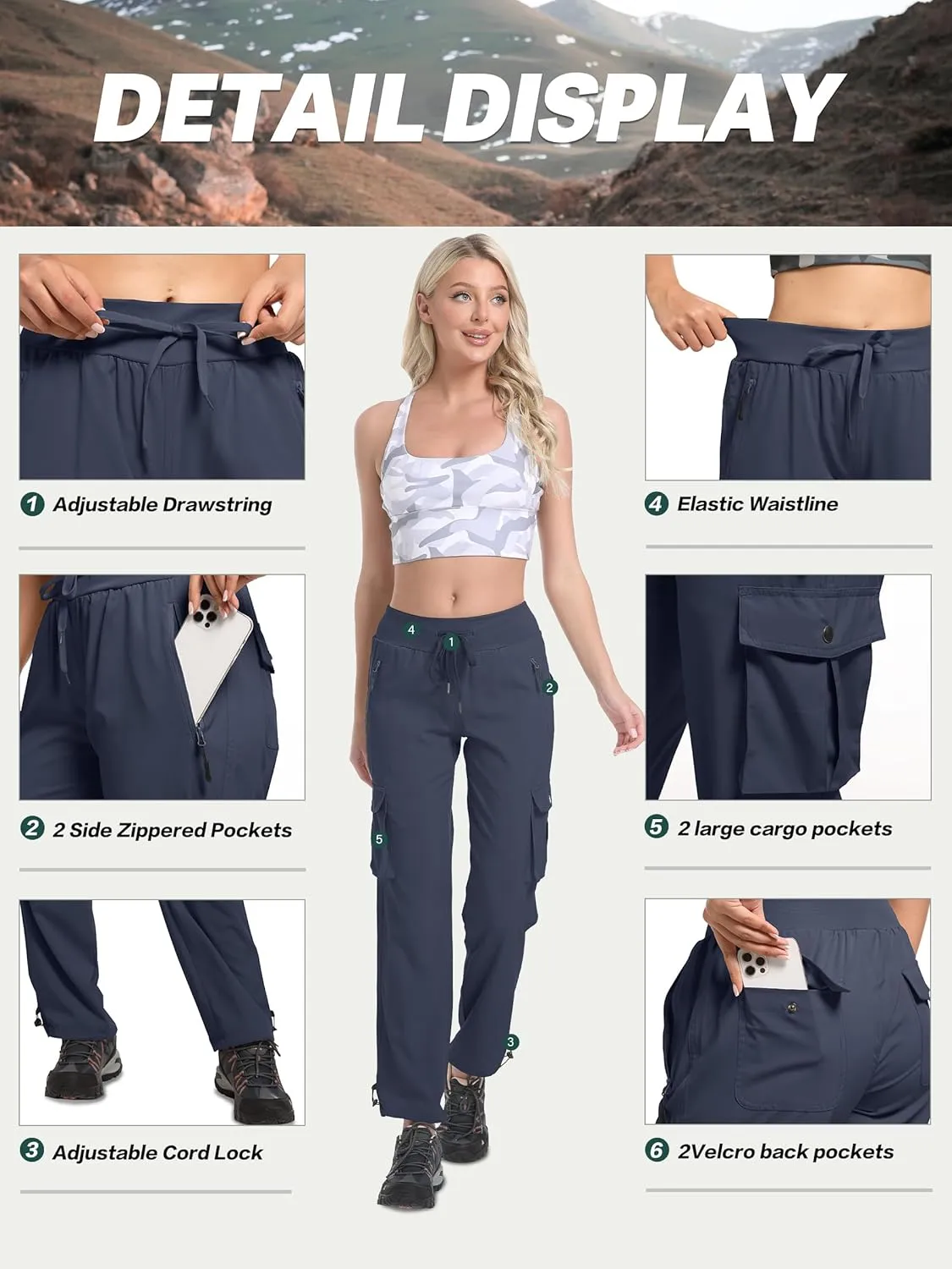 WENRONSTA Women's Cargo Pants Lightweight Water Resistant Quick Dry Hiking Pants Travel Outdoor Work Joggers with 6 Pockets