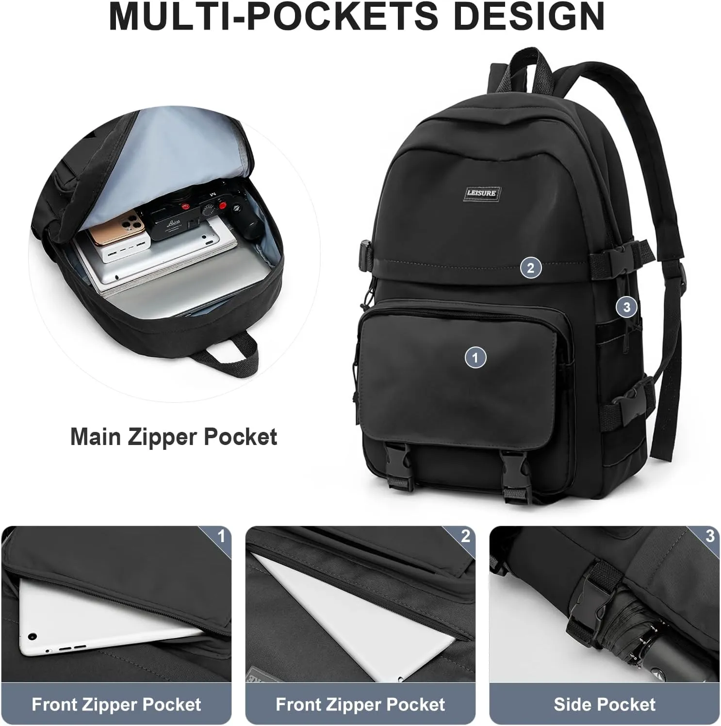 weradar All Black Backpacks For School Teens Boys Girls,Cute Bookbag,Lightweight College Backpack For Women Men,Waterproof Middle School Bag Casual Travel Daypack