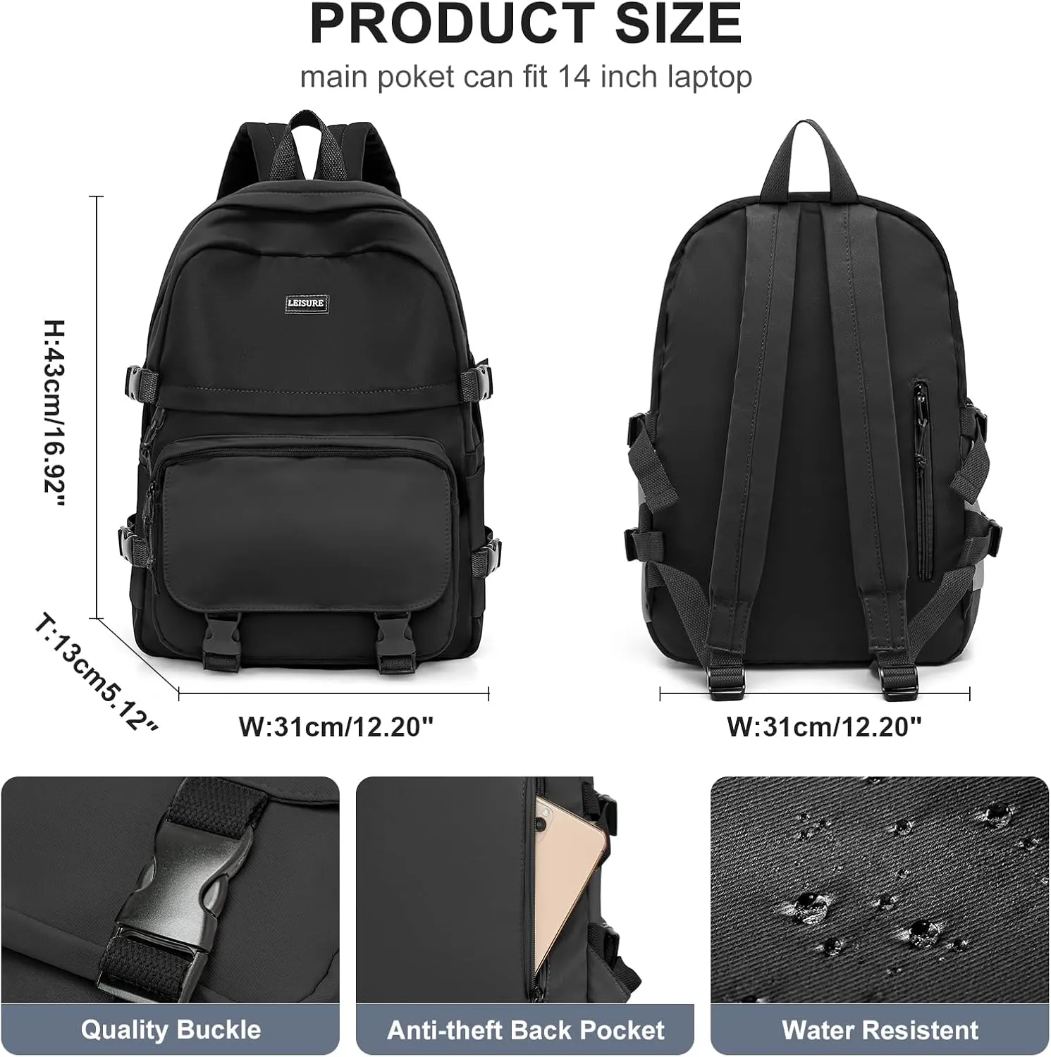 weradar All Black Backpacks For School Teens Boys Girls,Cute Bookbag,Lightweight College Backpack For Women Men,Waterproof Middle School Bag Casual Travel Daypack