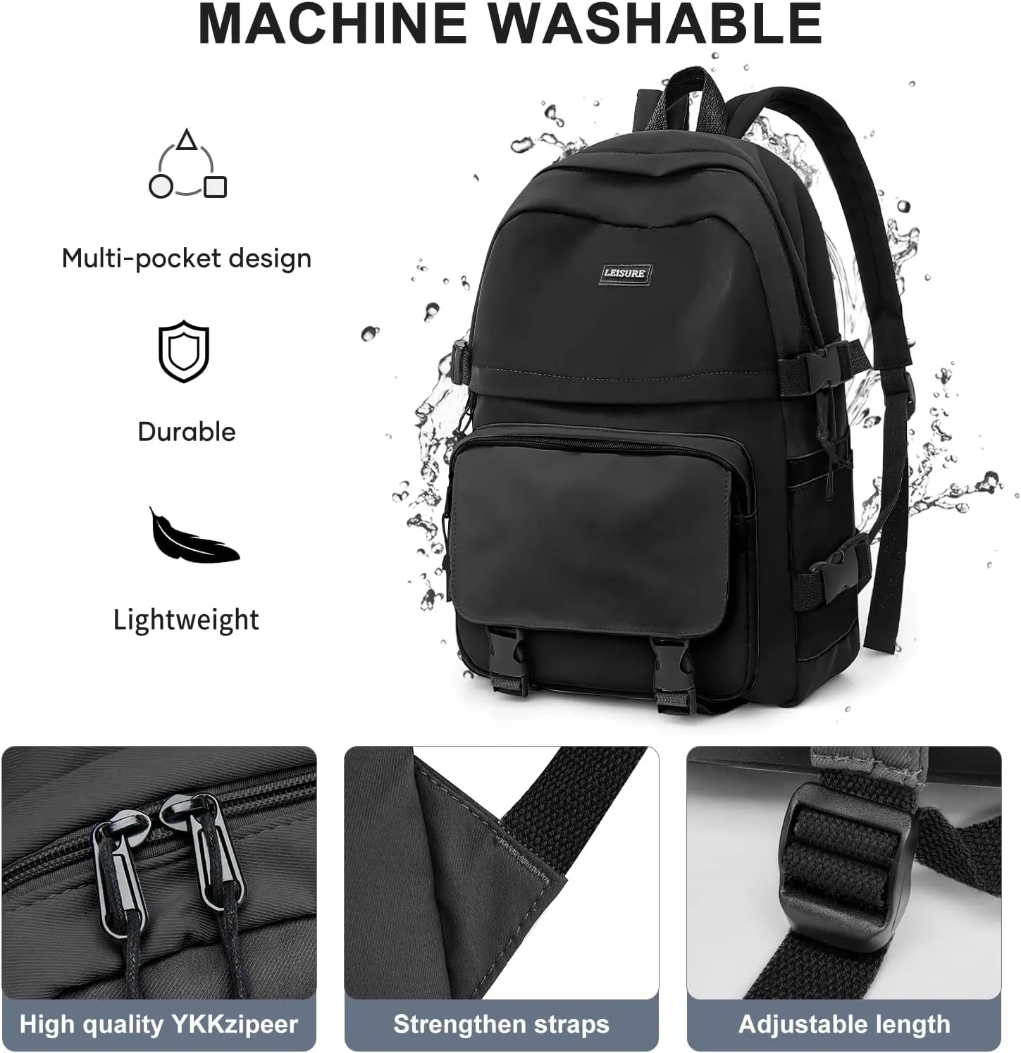weradar All Black Backpacks For School Teens Boys Girls,Cute Bookbag,Lightweight College Backpack For Women Men,Waterproof Middle School Bag Casual Travel Daypack