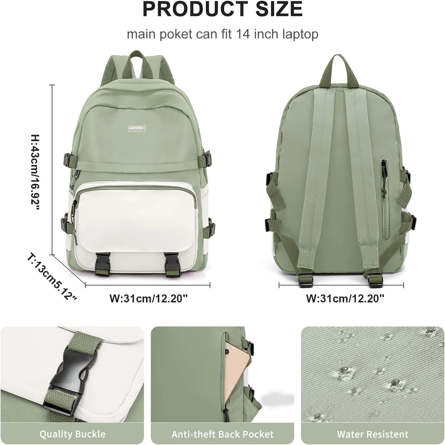 weradar Lightweight Backpacks For Middle School Teens Boys Girls,Students College Backpack,Cute High School Bags For Women Men,Simple Book bag(Green)