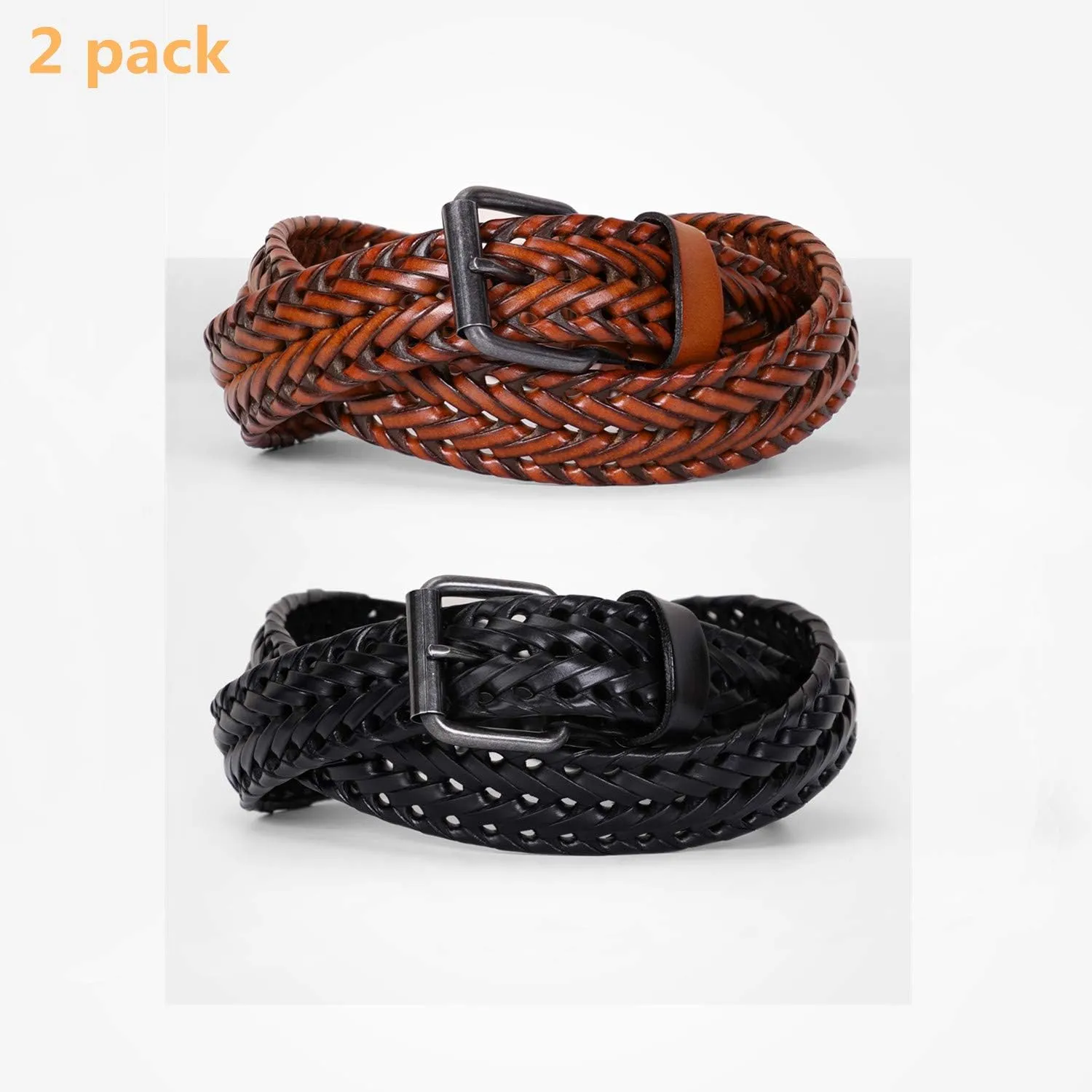 WERFORU Men’s Leather Braided Belt, Cowhide Leather Woven Belt for Jeans 1.3 Inch Wide with Prong Buckle