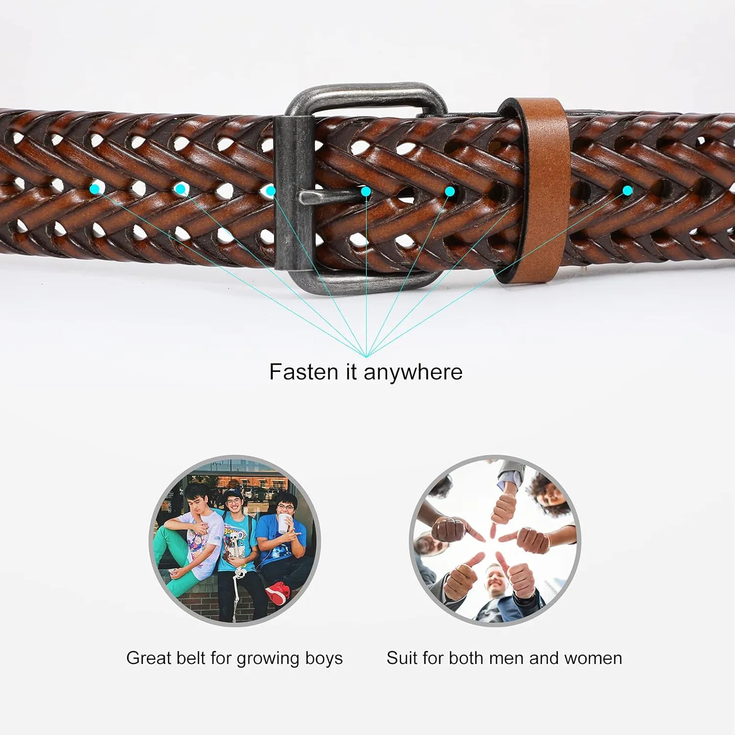 WERFORU Men’s Leather Braided Belt, Cowhide Leather Woven Belt for Jeans 1.3 Inch Wide with Prong Buckle